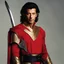 Placeholder: Young Jeff Goldblum with no glasses as a golden skin color fantasy elf with black hair wearing a red tunic and holding a black dagger in left hand