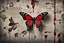 Placeholder: a black velvet butterfly is pinned to an old, dirty wall with a large shiny nail, red blood flows from the butterfly's wings and body, next to it on the wall are old, yellowed, cut-out newspaper articles about missing children, dirty fingerprints and drops of blood on the cracked, old gray-white wall , intricate details, sharp focus, cinematic, surreal, hauntingly beautiful, perfect composition