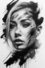Placeholder: A realistic drawing in negative space black ink on white background of a beautiful girl with abstract brushstrokes face tattoos to enhance her face max enrist