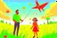 Placeholder: a father, a girl and a boy with a kite flying in the sky on the green field with flowers in sunshine