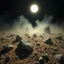 Placeholder: A striking quality close-up photograph captures a wasteland with odd stones, spooky, creepy, details of the dust very accentuated, glossy, early life forms, organic, adorned with minerals and rocks, fog. Bathed in intense light, eerie, Max Ernst style, black sun, fog, volumetric light