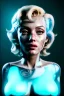 Placeholder: Ultra Realistic image, portrait, blonde woman, sweet Marylin Monroe face, perfect iris, glow eyes, glow makeup. Cyborg, Cyberpunk, ghost in the shell style, oversized transparent latex coat, yakuza tattoos body. fog, rain, soft color, highly detailed, unreal engine 5, ray tracing, RTX, lumen lighting, ultra detail, volumetric lighting, 3d, finely drawn, high definition, high resolution.