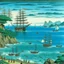 Placeholder: A cerulean blue bay with pirate ships painted by Utagawa Hiroshige