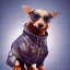 Placeholder: cute male daschund with the body of a human, wearing a leather jacket and sunglasses, pixar style, dramatic, dramatic lighting, volumetric lighting, hyperrealism, 8k, high quality, photorealistic, lot of details