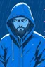 Placeholder: A person with short bearded wearing a dark blue hoodie of Celvin Klein. His head is covered by the hoodies cap, he puts his hands in his pockets and walking. the background is in blue color where one lightning has happened. he is wearing a blue handkerchief on his face.