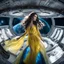 Placeholder: wide-angle photo of a woman in a yellow dress, with long glowing blue wavy hair, on a space station with views into space