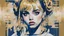 Placeholder: Poster in two gradually, a one side the Singer Danish MØ face and other side the Singer Melanie Martinez face, symmetry, painting by Yoji Shinkawa, darkblue and gold tones,