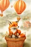 Placeholder: Color illustration of a ultra photo realistic happy red fox sitting "inside" a detailed wicker basket which is "hanging" below a perfect round orange colored hot air ballon nothing should be hanging from the basket, full image of hot air ballon, every element; fox, wicker basket, ballon should be in proportion to one another, in the background you can see the leaning tower of Piza