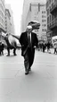 Placeholder: An old picture style of black and white mono very bad quality looks very old camera picture with cracks of trump walking with frank Sinatra in New York street year 1900 in the background from a distance dinosaurs