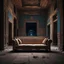 Placeholder: Hyper Realistic traditional ancient broken sofa between a huge dark hallway of a historical Indian palace with peeling wall paints at night