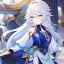 Placeholder: Clear focus, High resolution, medium length hair, white cyan hair, cyan eyes, wearing a genshin uniform, Sighing, wearing a medium skirt
