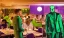 Placeholder: futuristic man in green suit, restaurant with purple lights, full of people, pointing a gun