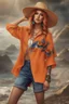 Placeholder: Full body of beautiful girl nami, Hair Color: Orange, Style: Wavy, Outfit Top: Blue, Outfit Bottom: Orange, Shoes: Brown, Accessories: Tangerine, Weapon: Clima-Tact, Hat: Straw, Tattoo: Pinwheel, Earrings: Hoops, sophisticated,, beautiful woman, hyper realistic, hyperrealism, photoreal, realistic, photorealistic, soft pastels, full-body, standing, long shot, wide angle, aesthetic