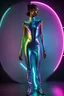 Placeholder: A luminescent young woman, clad in futuristic iridescent jumpsuit attire, strikes a pose for an editorial photo. Exuding neon aesthetics, the rim light highlights her figure, exposing a portion of her body. The image captures her striking presence, with sleek and modern clothing contrasting against the dark backdrop. The high-quality photograph radiates a sense of power and style, drawing viewers into the futuristic world of the model's attire. She is in the middle of lab setup