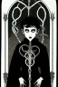 Placeholder: 7 year old boy, necromancer, friendly, looks dead,with a lamprey serpent , wearing black robes, in the style of Harry Clarke