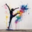 Placeholder: Loose brush stroke watercolor painting, colorful profile silhouette of a female gymnast in the middle of doing a cartwheel legs up in the air, splash art, street graffiti art, polychromatic, ink splatter, diffusion, artistic, kinetic, by Pejac