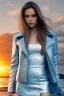 Placeholder: half body shot,realistic portrait of a 20-25 old caucasian model, long blue pink flowing hair, great grey eyes, blue leather jacket,full body, short white skirt,long legs,standing at beach of very nive lake with sunset ,clouds,godrayes