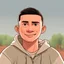 Placeholder: a portrait of smiling young cute western man. caricature. black hair. short buzz cut hair style. light skin. dark eye pupils. small eyes. black thick eyebrow. small short round face shape. a bit small goatee, without moustache. big nose. thick mouth. white sweater hoodie. pixar style. 3D. 4k. portrait. highly detailed. sharp focus. high resolution. full color. cinema lighting