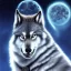 Placeholder: defined, real lone wolf profile. cosmic spirit animal guide. smiling. the full moon at night. winter lightning. watermark. by jane goodall.