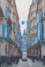 Placeholder: A full street in a big city with frech style building. The street is filled with blue flags
