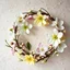 Placeholder: A hyper-realistic photograph of spring flowers and willow branches arranged in a wreath, top view composition, natural and soft mood, photorealistic style, macro photography, neutral background, diffused natural lighting, pastel and fresh tones, ultra high resolution --ar 16:9