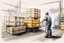Placeholder: a swedish industry worker from sweden, very strong pushing a wooden crates and IBC along the floor in a factory, truckdrivers (forklift) in background, very basic sketch painting like the image i uploaded