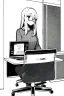 Placeholder: girl with glasses works on a computer in a cafe, line arts, greyscale