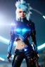 Placeholder: Cyborg anime assassin, light blue hair, blue eyes, waist up portrait, 8k resolution, intricate details, ornate details, soft lighting, vibrant colors, retroanime, masterpiece, intricate eyeliner, dark eyeshadow, eyes, intricate tattoos, futuristic cityscape background