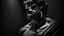 Placeholder: stone sculpture on ancient greek man, stoic, highly detailed, photorealistic, dark black room background, spotlight effect,