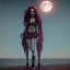 Placeholder: horror female zombie whit red hair, standing on beach on full moon