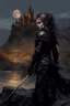 Placeholder: A formidable warrior girl in black armor, against the background of an amazing gloomy landscape, flooded with the light of two moons, mountains, trees, a fabulous scary landscape, juicy emotions, painting, dark fantasy, gloomy day, dark world, portrait, Gothic Town At Night, Fantasy, Intricate Details, Castle Courtyard Gardens, Hyper Detailed, Jean Baptiste Monge, Carne Griffiths, Michael Garmash, Seb Mckinnon, Masterpiece