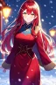 Placeholder: girl, masterpiece, best quality, volumetric lighting, detailed outfit, perfect eyes, red hair, golden eyes, long hair, snowing, outdoors, winter outfit, hairclip, depth of field, red outfit,