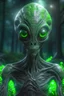 Placeholder: alien being, grey ands green skin, long nails, big eyes, on darkness forest