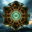 Placeholder: Dynamic hypnotic fractal 3D structures hexogonal Symmetry twisting and morphing between organic and geometric forms , smooth translucent iridescent glass with inner glow and bubbles, varied transparent materials, stormy skies, intense dramatic