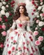 Placeholder: Half body realistic photography beautiful woman dressing roses pattern luxury gown roses crown, in surrounding white roses garden