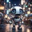 Placeholder: unreal engine render of a cute tiny robô in a busy, micro parts chromed, crowded city at night, cute eyes, volumetric lighting