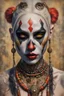 Placeholder: realistic portrait of harley quinn Hyperrealism, Ethereal portrait of a mystical being with tribal features, vibrant orange eyes, reptilian pupils, intricate scale-like patterns around the eyes, pale skin adorned with freckles, tribal tattoo on the nose bridge. Adorned in a weathered yellow tribal mask with dark markings, a central rivet, necklaces of gold, black, and red beads, a rustic red and dark green scarf with intricate designs, and small earrings. Serene expression, intense gaze, desatur