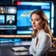 Placeholder: amodern tv studio a beautiful girl perfect face sitting next to desk presenting news looking at camera, with picture of an old man in tv screen at background