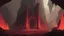 Placeholder: a painting of medieval demonic gothic Slave Dungeon in Hell, Nevendaar dark fantasy universe, DISCIPLES II, Nevendaar, dark fantasy, gothic, gloomy :: underground hell, red flames, lava, rocks, fire, foggy, red light :: satanic architecture, dark fantasy scene painting :: a storybook illustration by James Gilleard, behance contest winner, 2d game art, storybook illustration, rich color palette