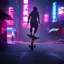 Placeholder: photo of a ninja riding a skateboard; in an alternate universe in tokyo; cyberpunk; realistic; rain; neon signs