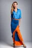 Placeholder: full body of very beautiful lady midi blue skirt and orange bluse , Braided hair ,standing idle happy pose in studio pretty makeup