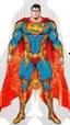 Placeholder: Superman.He looks forward with radiant eyes In a new, sophisticated suit Ornate gold, black, red, glowing blue energy tattoo decorated with a Mandala pattern. Strong, fit body. Muscles. A cinematic scene. A destroyed city scene