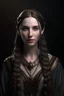 Placeholder: Young female high elf noble wizard with dark eyes and very pale skin long dark hair with braids in, photo realisim