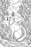 Placeholder: DRAW TO COLORING OF A FOX ON THE FOREST, BLACK AND WHITE CARTOON STYLE, LOW DETAILS, THICK LINES, NO SHADING LINES