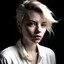 Placeholder: woman, twenty years old, white blond shortish hair, dark grey eyes, light pale skin, rose lips whithe shirt, portrait, close up, beatiful young woman, many shadows, hair tied up, loose strands framing face, little make up, ferfect skin, defying expression, chin pointed up, wild hair