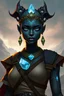 Placeholder: Please generate a female earth genasi She should have dark-colored skin. She should have lines marking her skin like cracks, showing glimmering gem-like veins. Instead of hairs, she has crystals. She also have crystal on her skin. She wears adventurer clothes