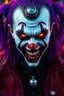 Placeholder: Cyberpunk netrunner edgerunner clown. Blood Red glowing eyes. Black make up. Maniacal laughter. Purple hair. Cyberpunk clothes