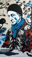 Placeholder: A contemporary serigraphy portrait by Matisse and Kunisada of a person with the head of a crow, dressed with a punk leather jacket within a snowy Christmas atmosphere.