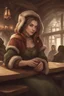 Placeholder: DnD style, medieval beautiful woman dressed in warm winter clothes sitting in a tavern