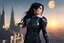 Placeholder: A slim Woman With Black shoulder length hair, Wearing an android-looking suit, standing sideways On a ledge of a building, with a moon Behind Her Head, towering spires and buildings highlighted by the setting sun